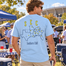 Load image into Gallery viewer, Southern Chill S.E.C. chambray tee lifestyle at a football tailgate