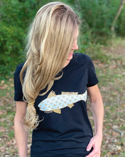 Load image into Gallery viewer, Fleur De Lis Fish Scoop Neck Tee - Ladies - back
