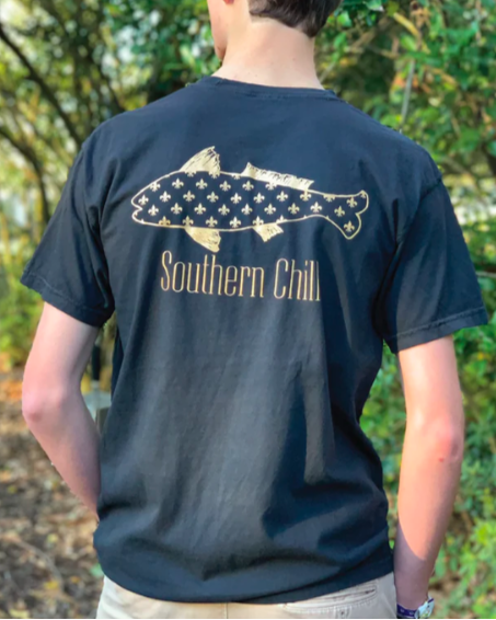 Fleur De Lis Fish Short Sleeve Pocket Tee - Black - front