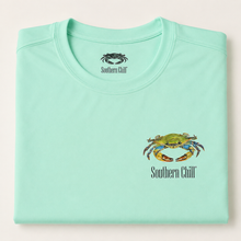 Load image into Gallery viewer, Crab Long Sleeve Performance Tee screen printed label detail
