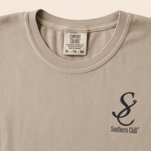 Load image into Gallery viewer, Louisiana Proud Long Sleeve Tee in Sandstone - Comfort Colors tag and chest logo detail
