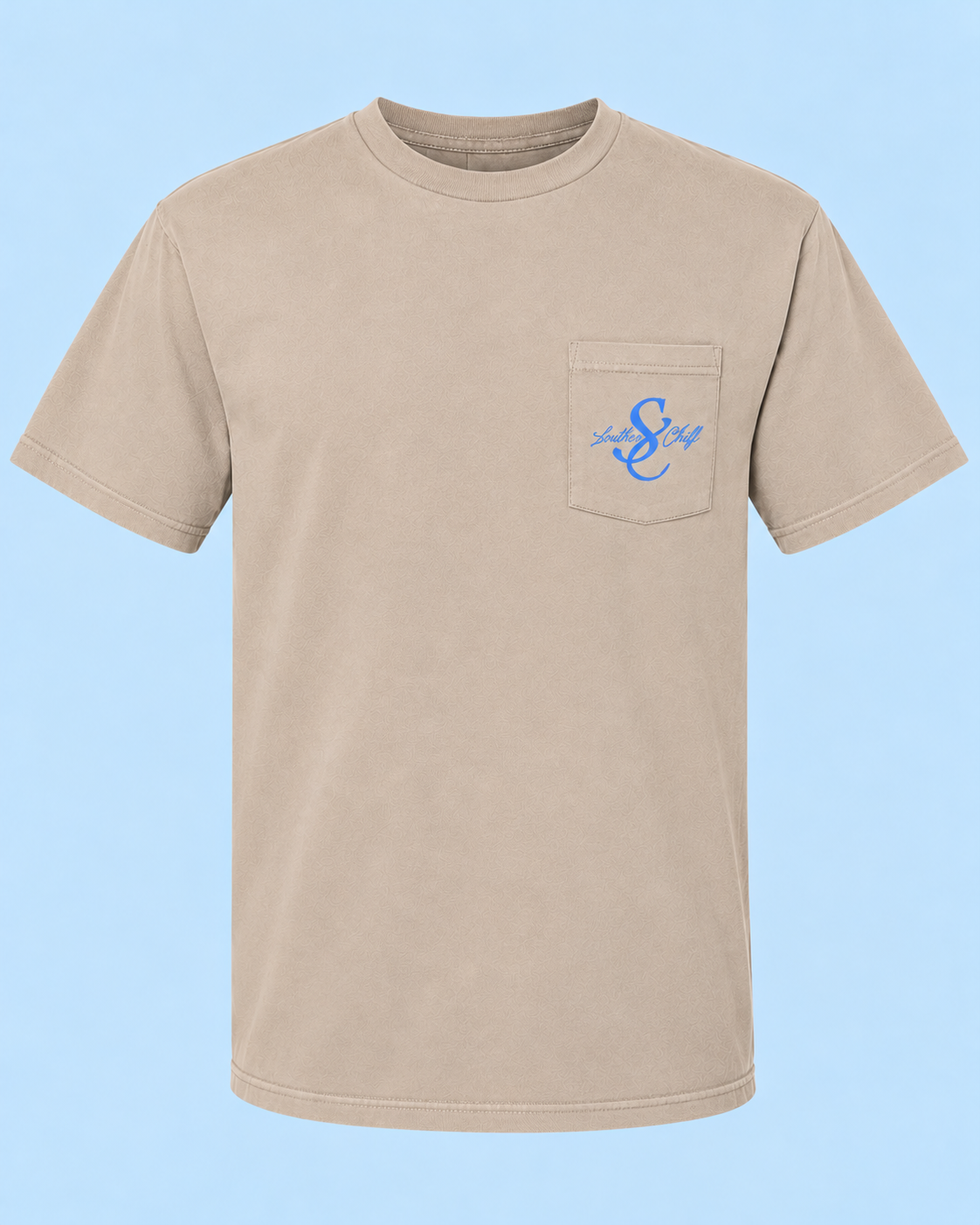 Louisiana Proud Short Sleeve Tee - Sandstone front, larger on pale blue background