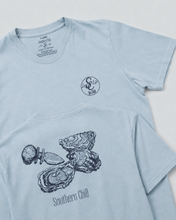 Load image into Gallery viewer, Oyster Tee Chambray - flat-lay with screen-printed So Chill neck label
