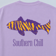 Load image into Gallery viewer, Tiger Fish Purple and Gold Short Sleeve Tee - Orchid - back print detail
