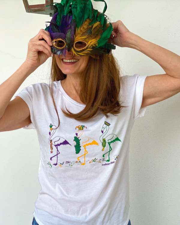 Mardi Gras Flamingo Tango Ladies Tee