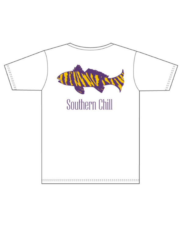 Purple and Gold Tiger Fish Pocket Tee White