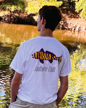 Load image into Gallery viewer, Purple and Gold Tiger Fish Pocket Tee White

