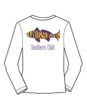 Load image into Gallery viewer, Purple and Gold Tiger Fish Long Sleeve Pocket Tee White
