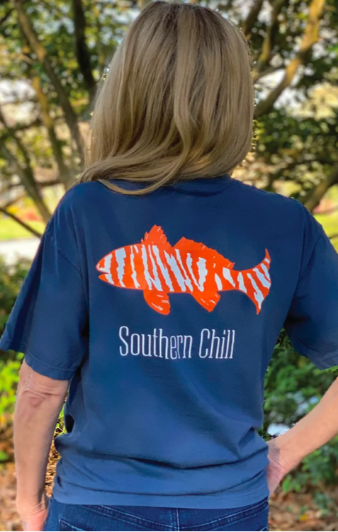 Navy and Orange Tiger Fish Pocket Tee Navy