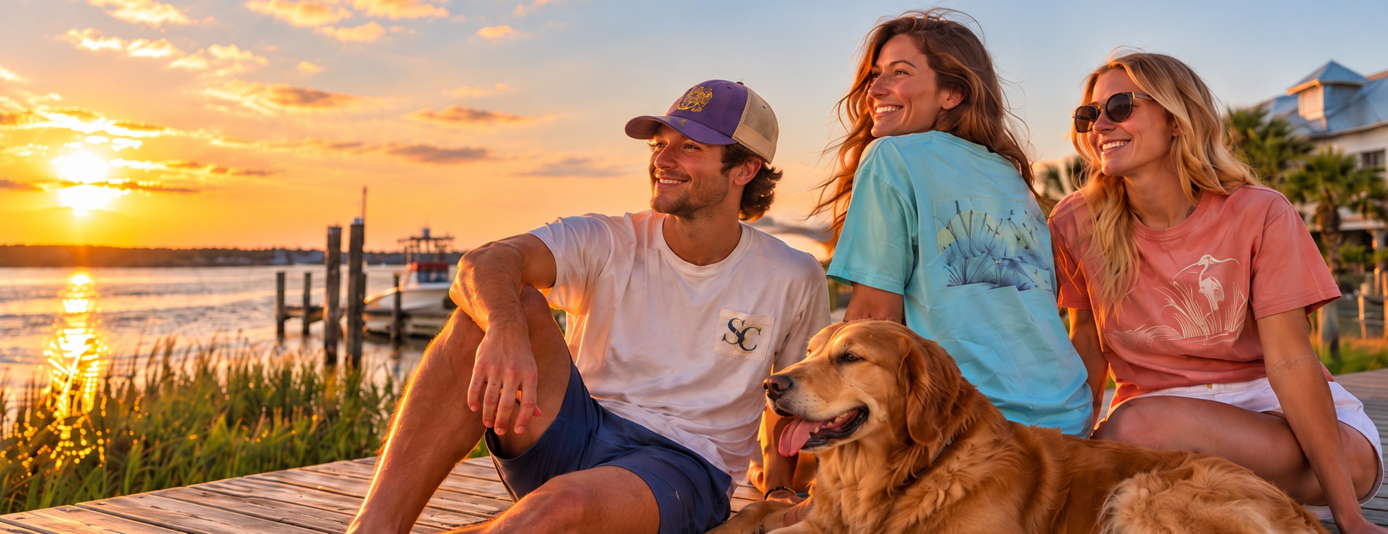 Friends and a golden retriever enjoying sunset on the waterfront in Southern Chill apparel